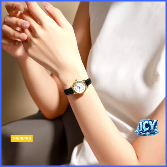 Gold-Tone Case with Black Leather Strap Quartz Analog Dress Watch